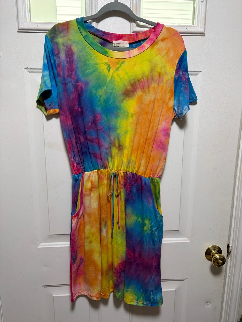 Tie-Dye Short Sleeve Mini Dress with Drawstring Waist